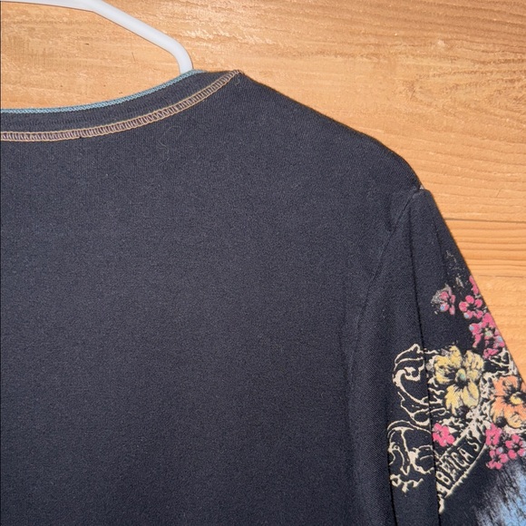 Vanilla Sugar Black tan Blue Graphic 3/4 sleeve Blouse lace Y2K biker chick boho - Picture 7 of 10